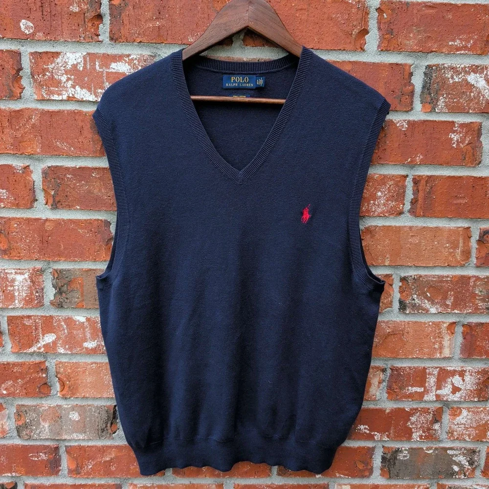 Polo Ralph Lauren Sweater Vest Men XL Navy Blue V-Neck Pima Cotton Pony Logo